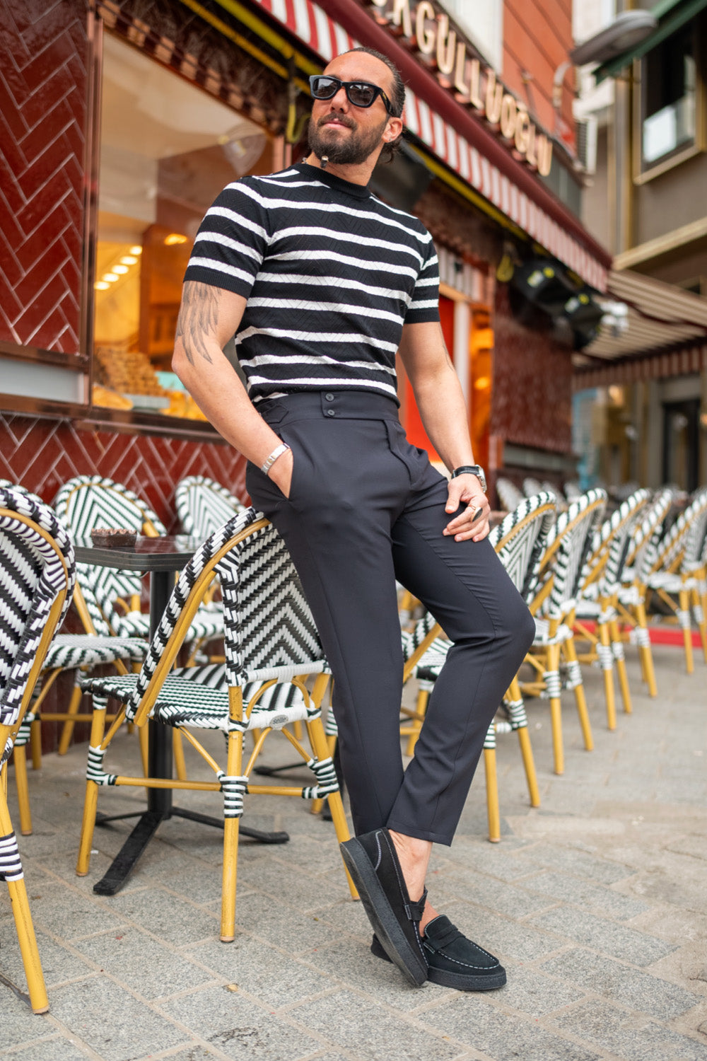 Navy slim-fit trousers for men by Mazonni styled with striped t-shirt and loafers