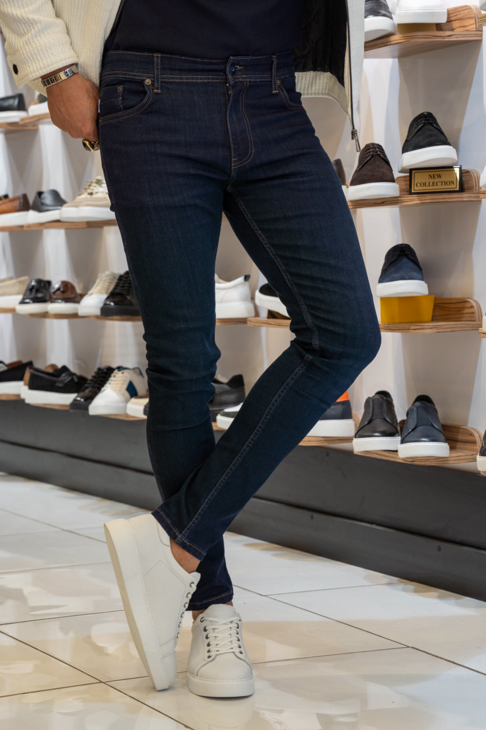 Mazonni men’s navy denim jeans featuring classic five-pocket design and modern fit