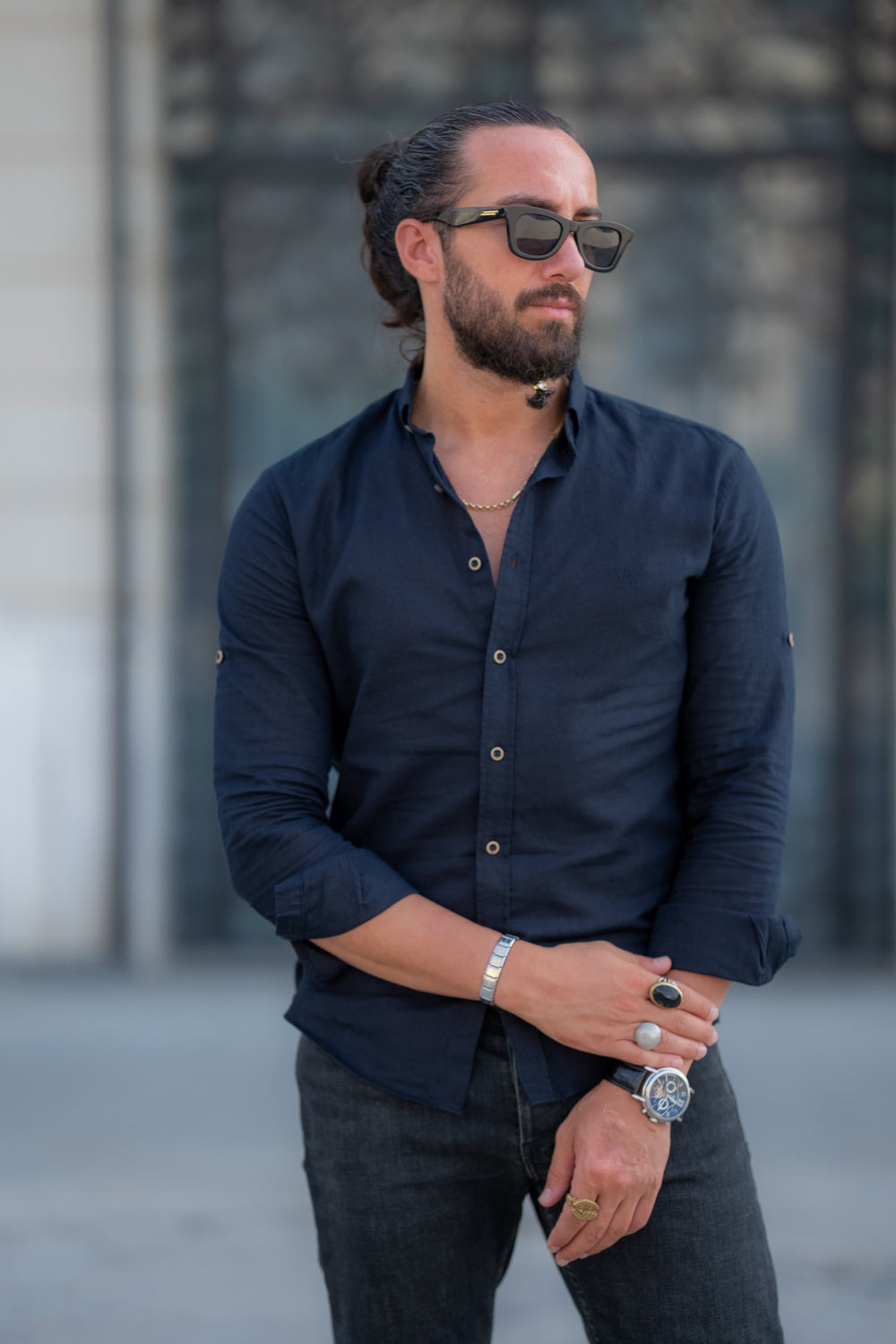 Mazonni slim fit navy shirt designed for both smart and casual menswear outfits