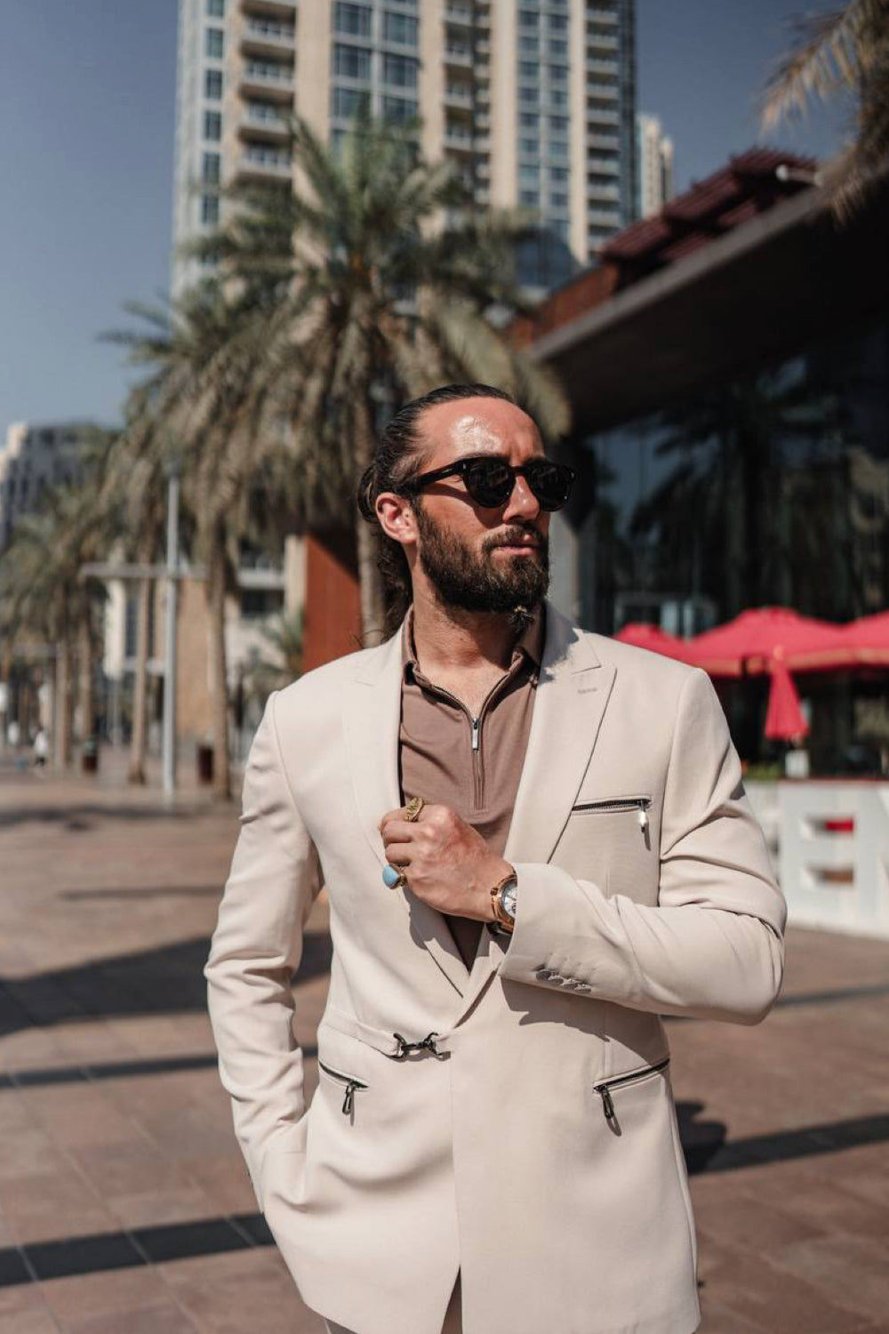 Mazonni cream beige suit for men paired with earthy tones, ideal for daytime business meetings or casual luxury looks