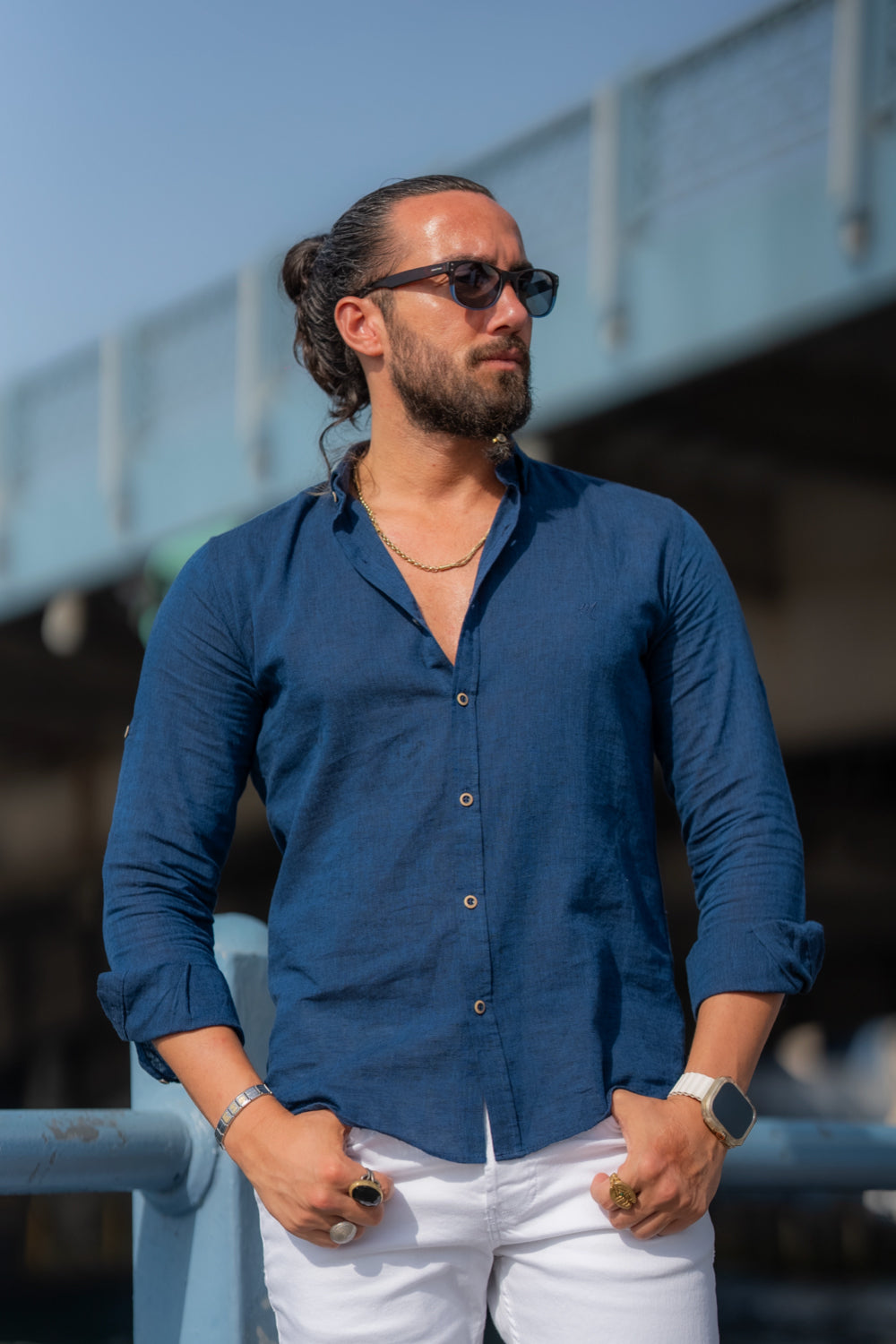 Elegant dark blue shirt from Mazonni styled for modern summer menswear