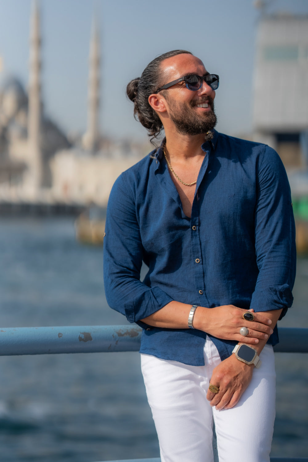 Mazonni navy blue long sleeve shirt for men with relaxed fit and casual style