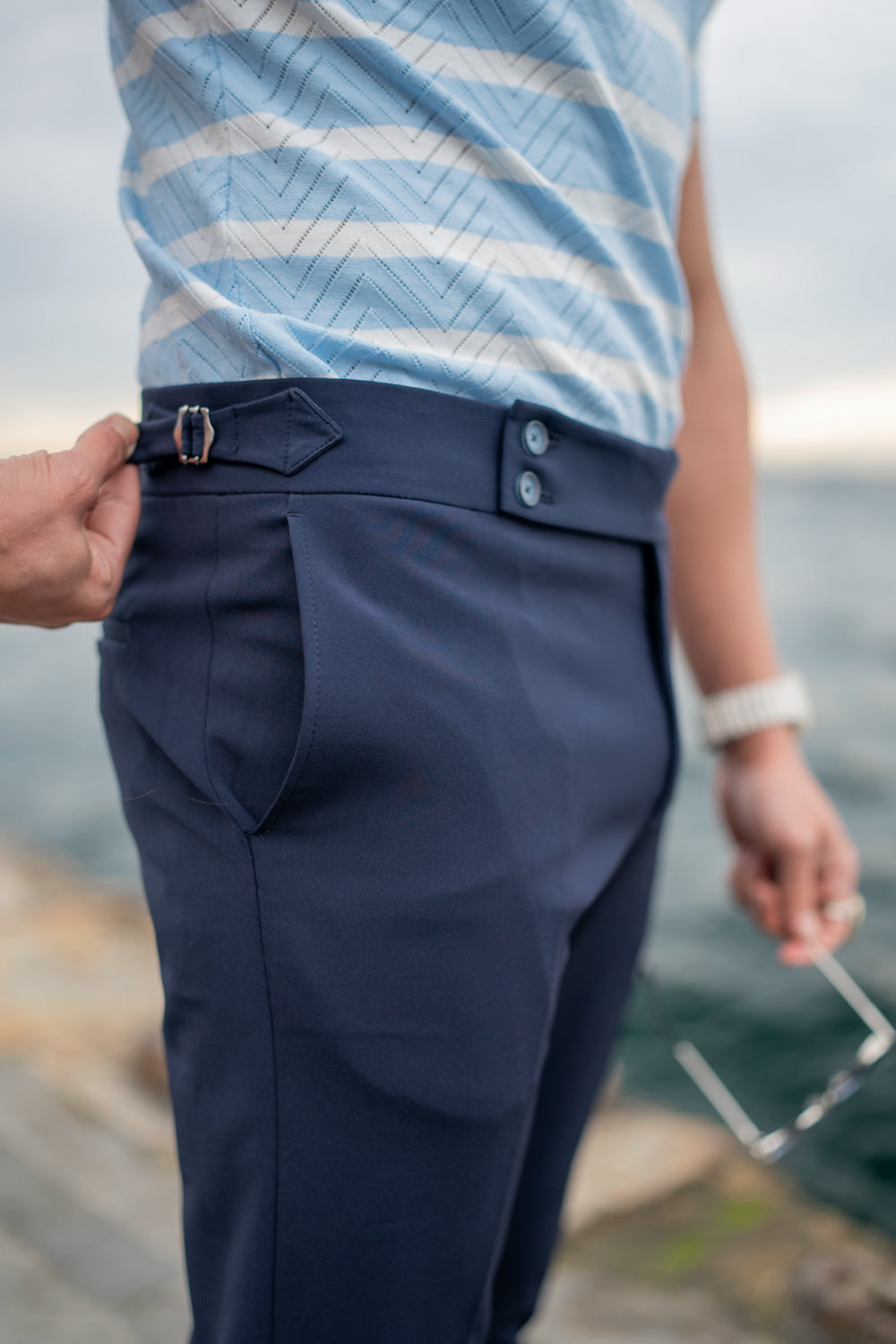 Mazonni men’s slim-fit navy pants featuring side adjusters and modern silhouette