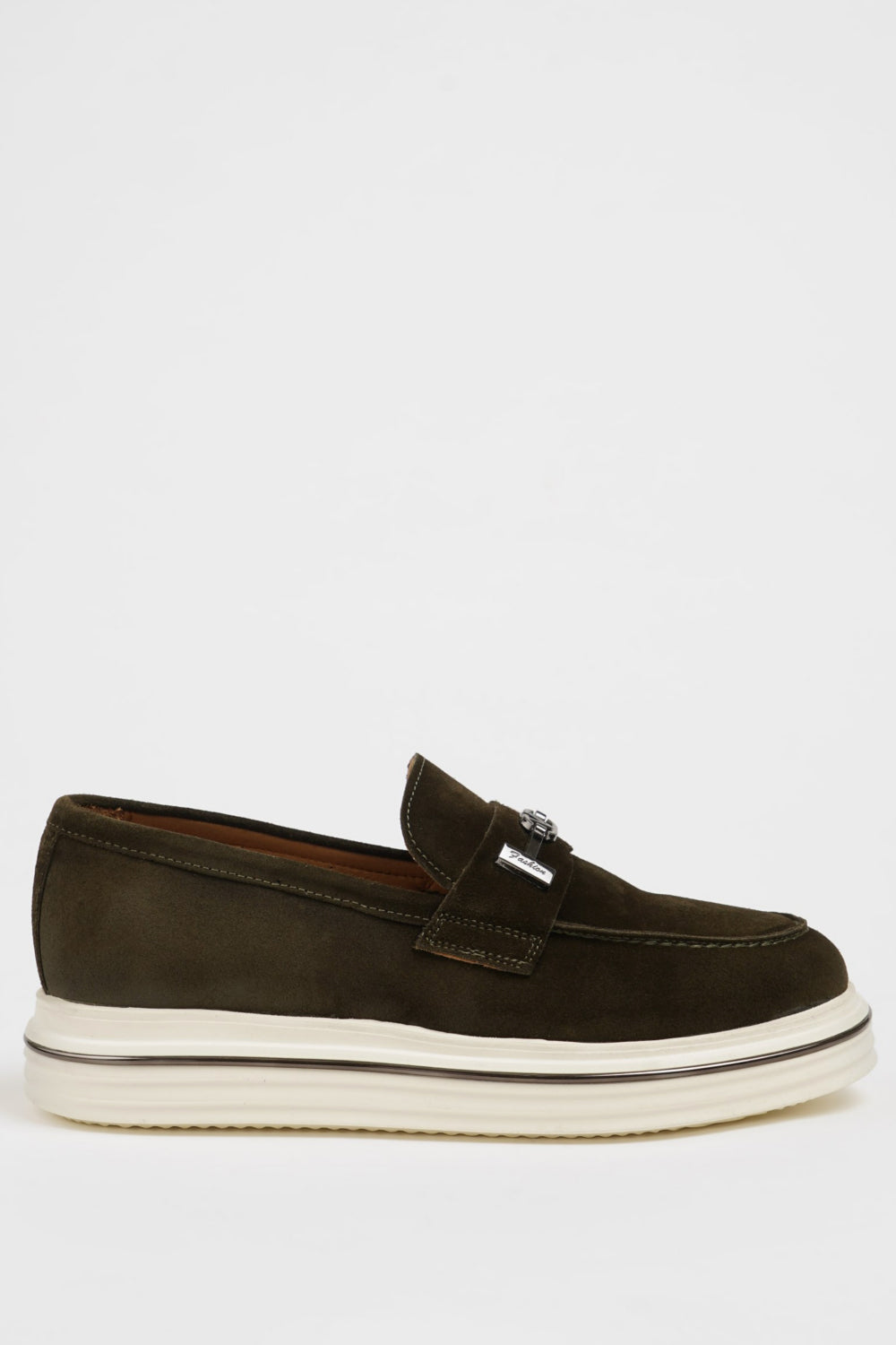 Men’s green suede loafers from Mazonni designed with raised white sole for modern casual outfits