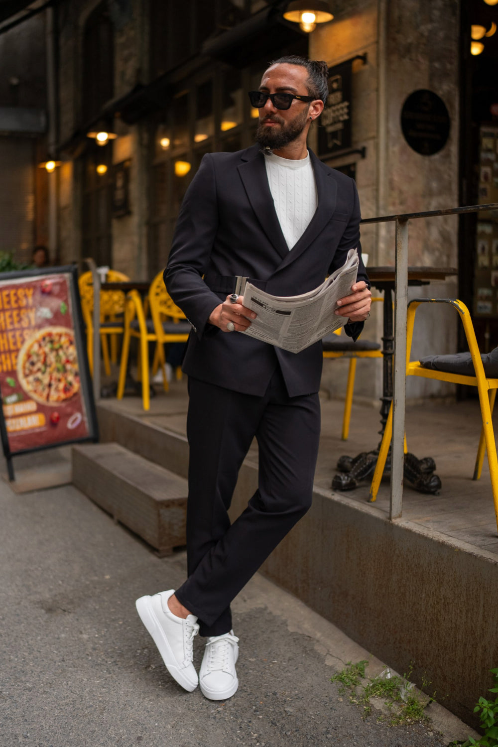 Mazonni men's dark suit with innovative wrap design and streetwear influence, perfect for fashion-forward city outfits
