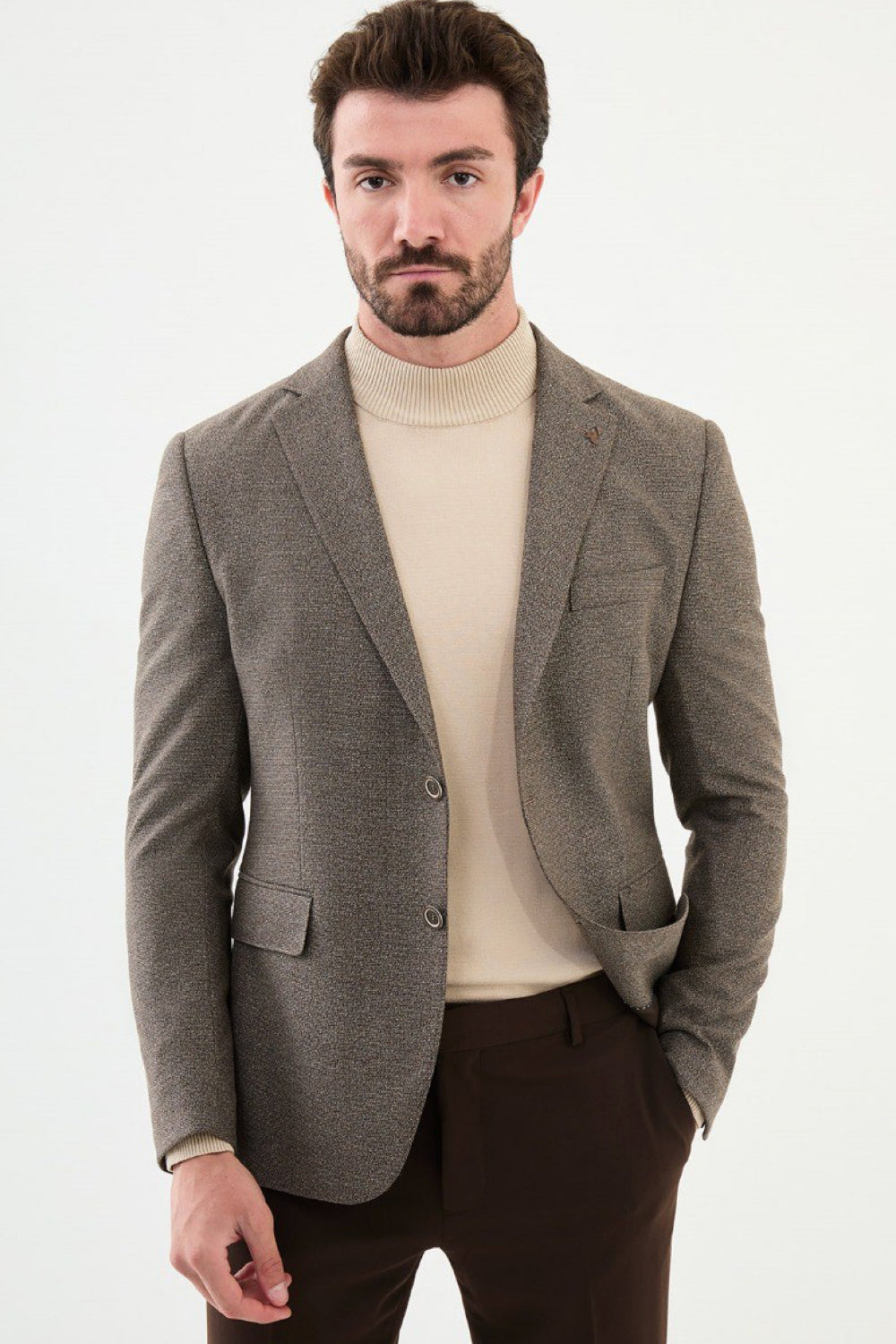 Light brown textured blazer by Mazonni styled with beige turtleneck and dark trousers – classic smart casual men’s blazer