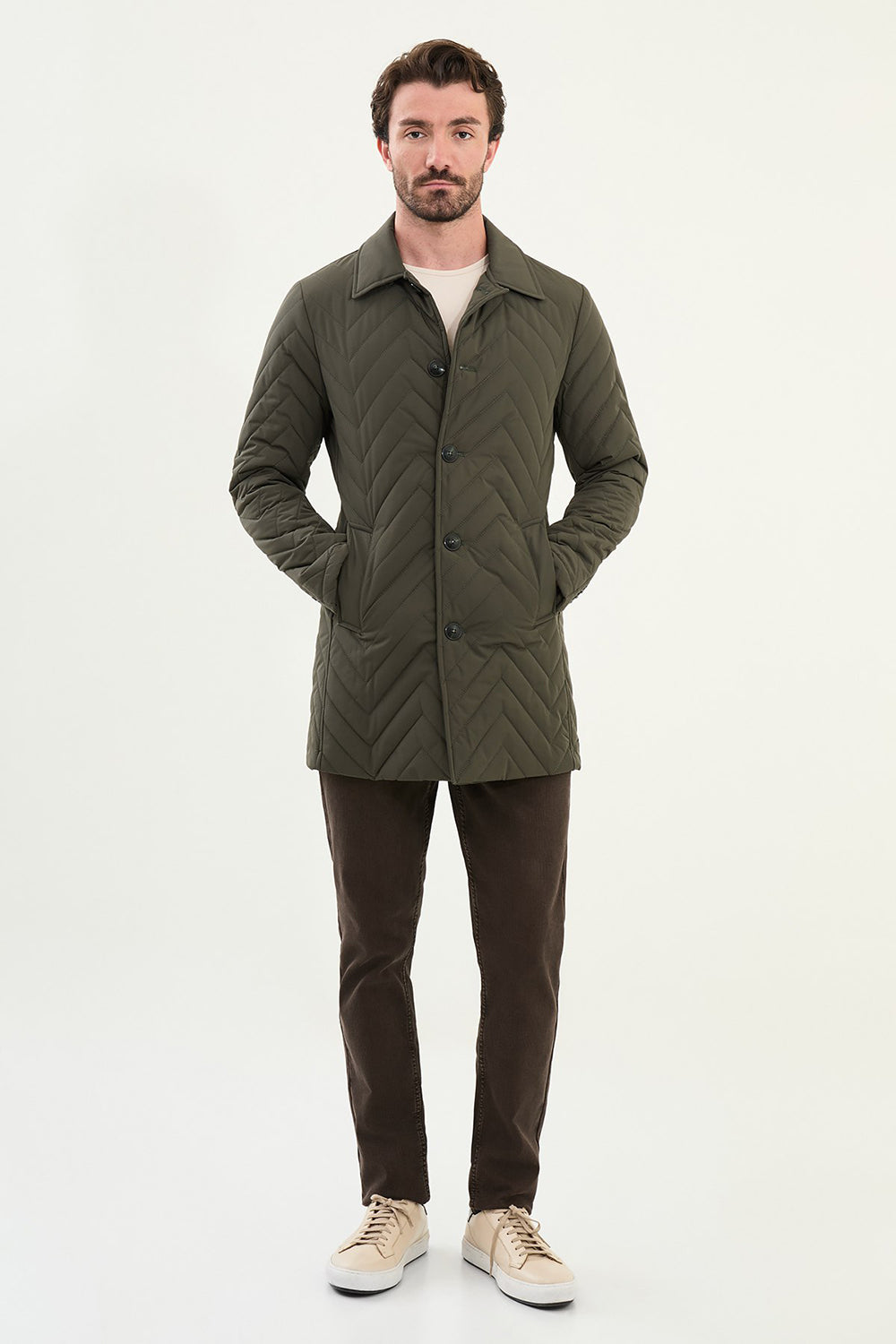 Mazonni Firenze Men’s Green Quilted Coat Long Sleeve Button Jacket