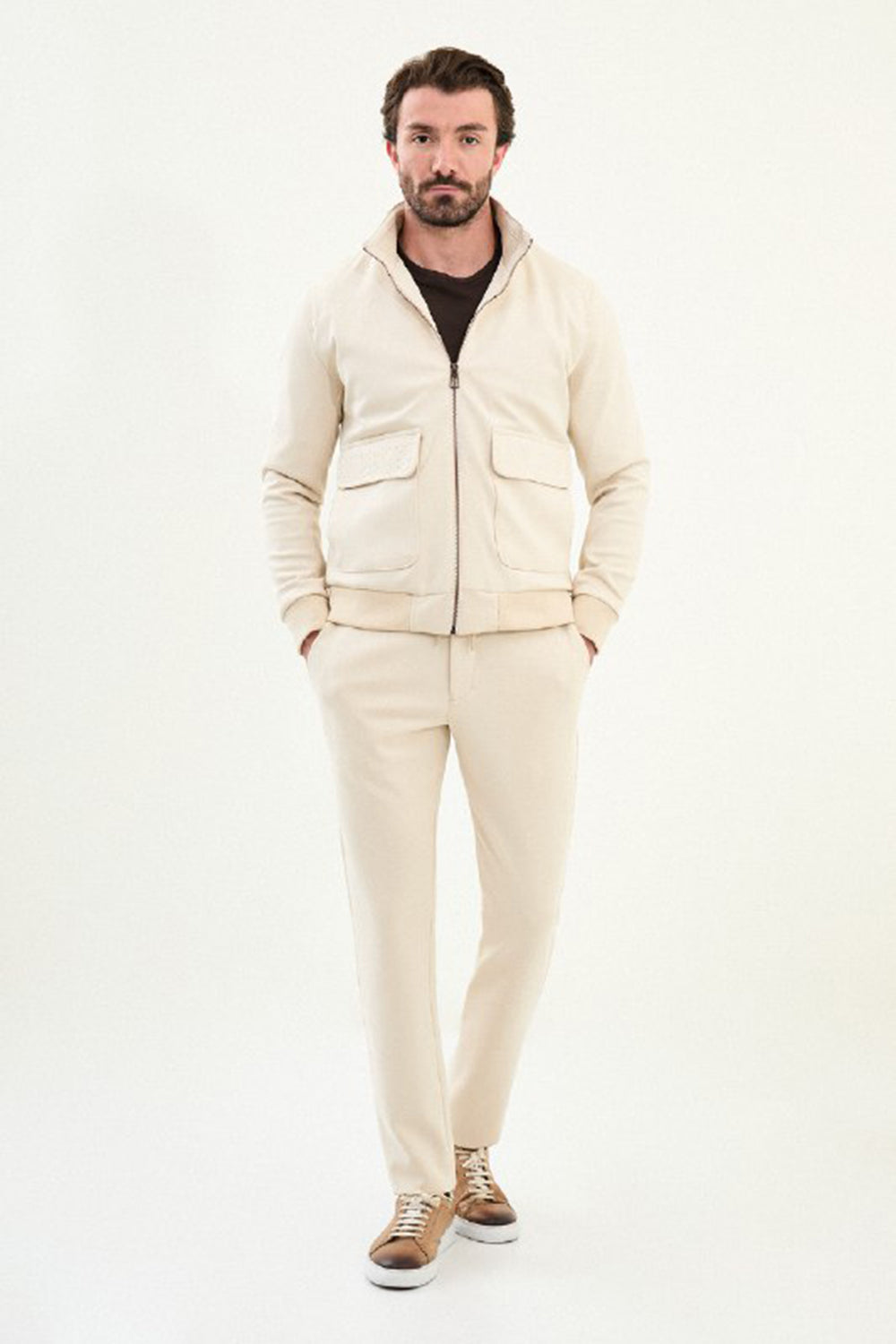 Mazonni Verona Men’s Beige Cardigan Full Zip Long Sleeve Sweater Jacket