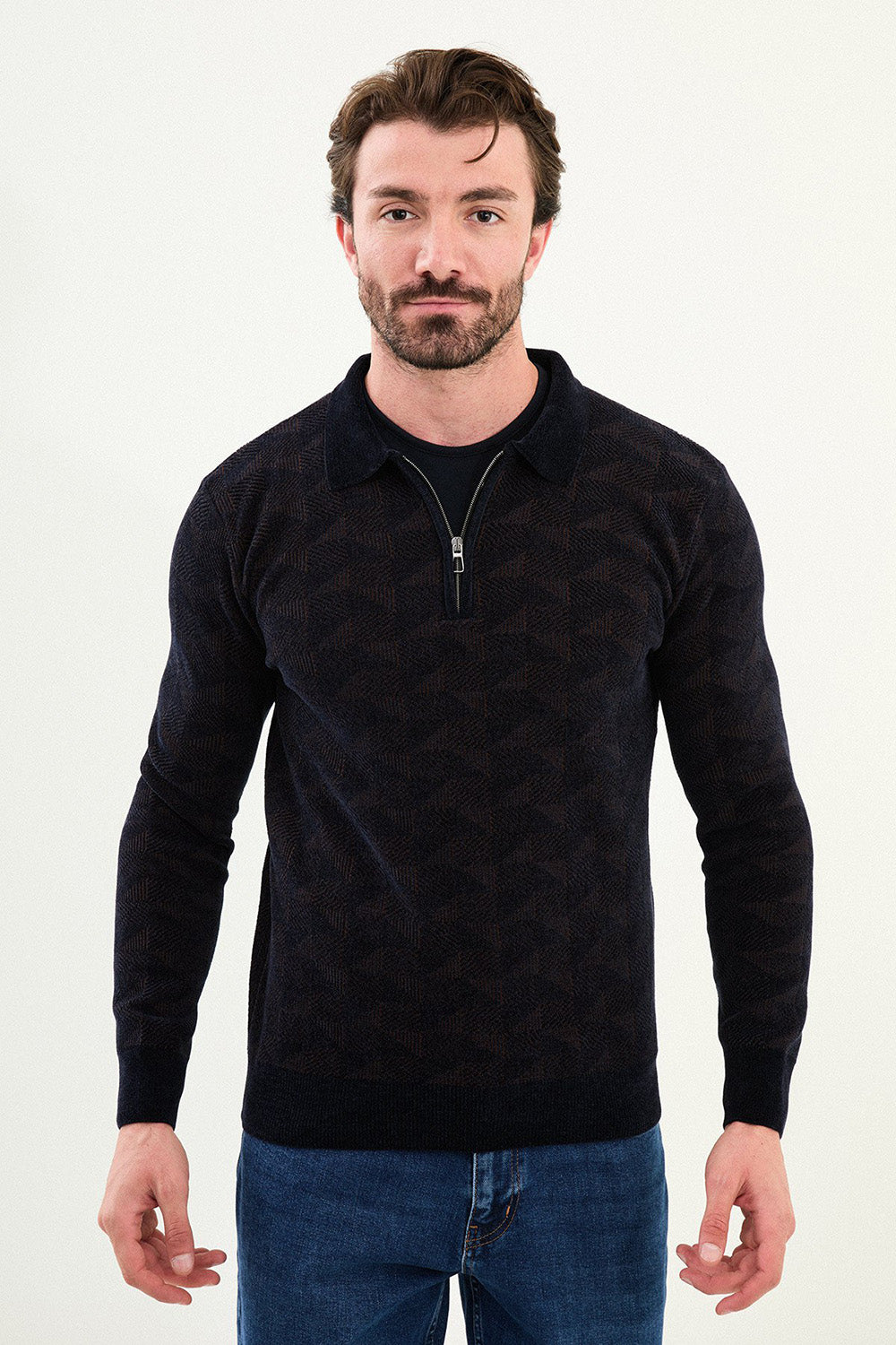 Mazonni Firenze Men’s Navy Cardigan Knit Zip Neck Long Sleeve Sweater