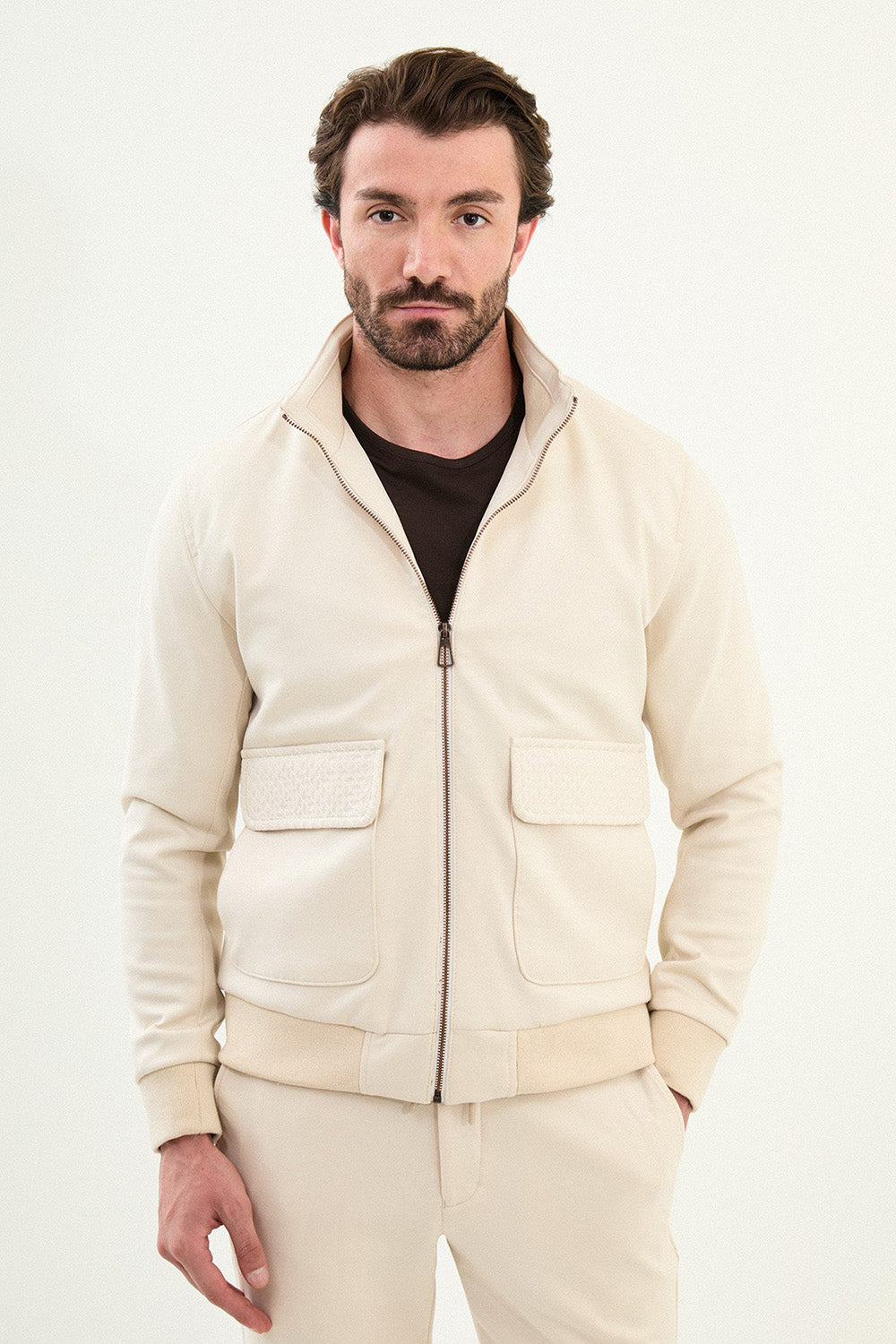 Mazonni Verona Men’s Beige Cardigan Full Zip Long Sleeve Sweater Jacket