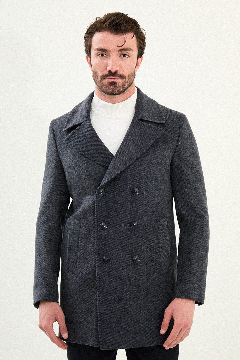 Mazonni Milano Men’s Dark Grey Wool Short Coat Double Breasted Overcoat