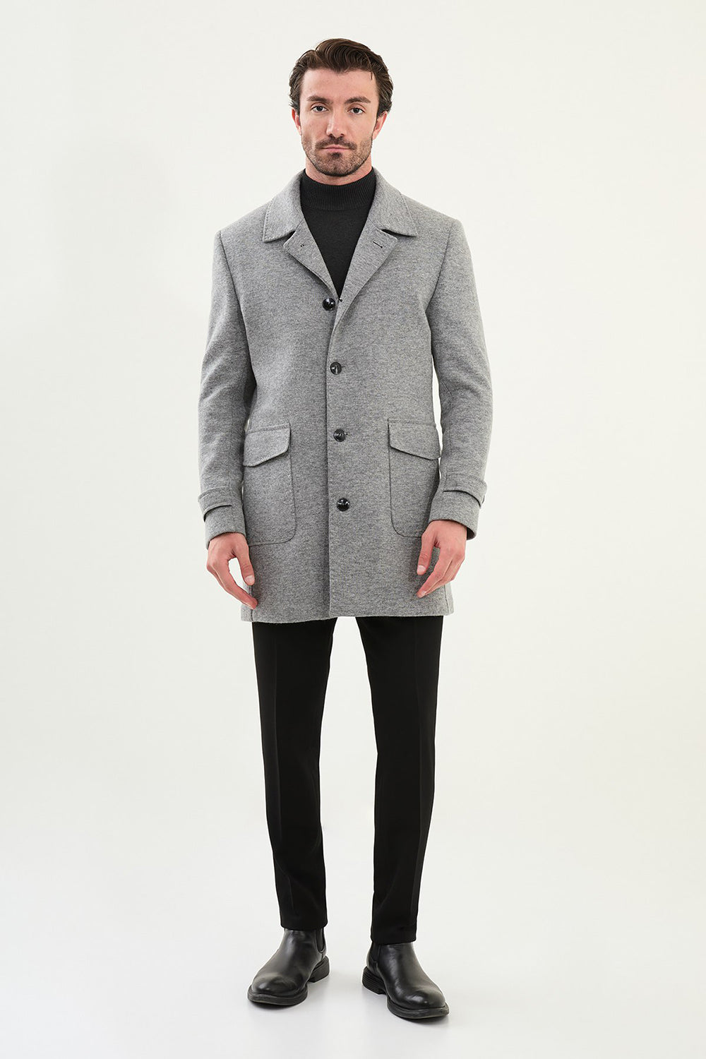 Mazonni Roma Men’s Grey Wool Short Coat Classic Elegant Winter Overcoat