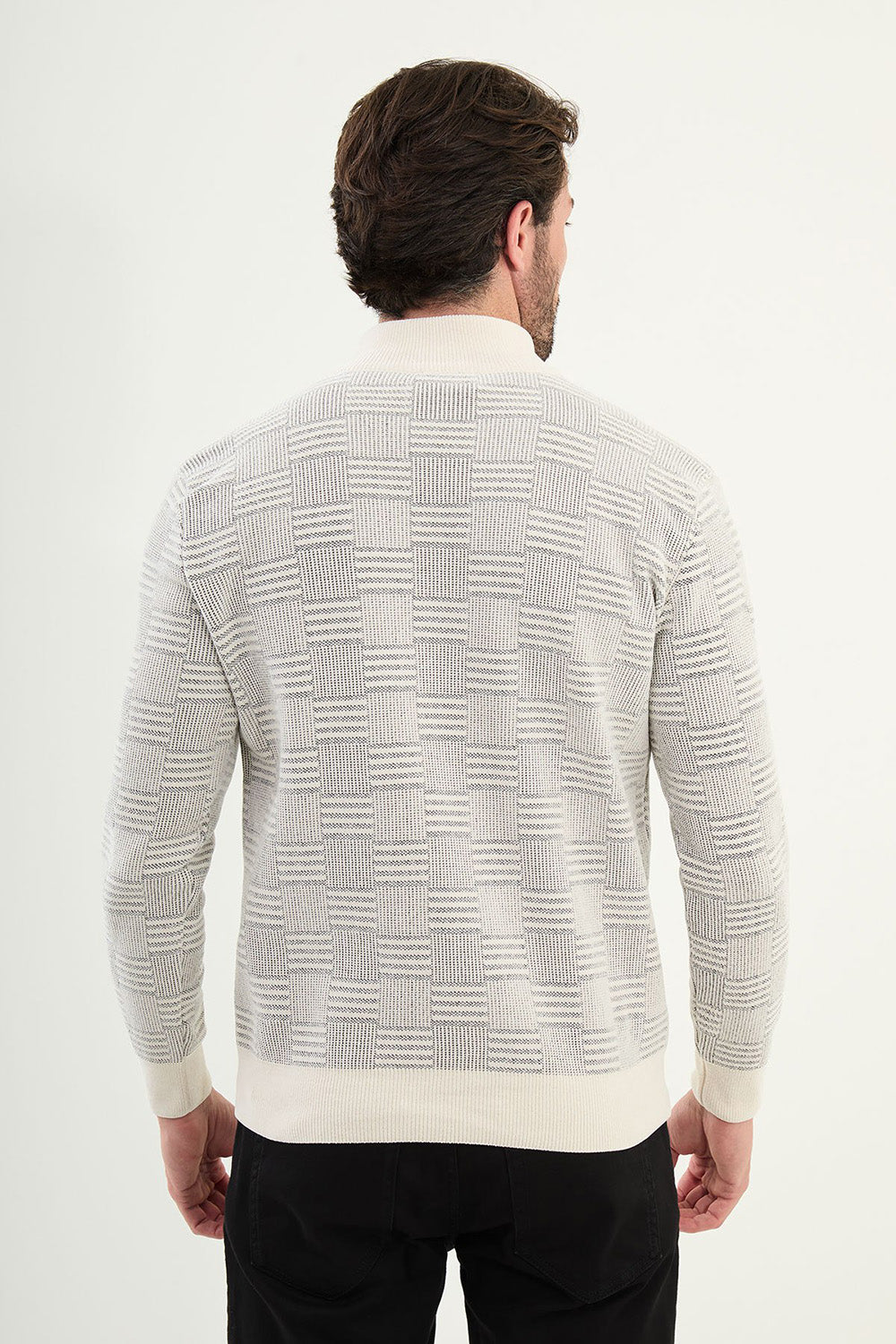 Mazonni Elegant White Cardigan – Men’s Checkered Knit Half Zip Pullover Sweater