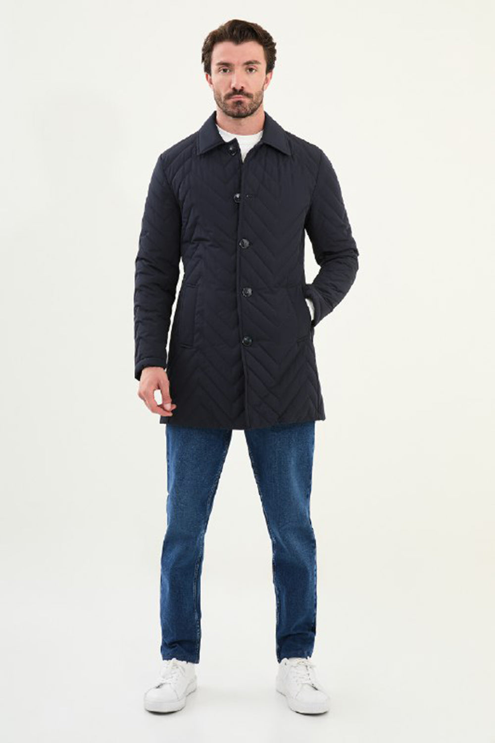 Mazonni Torino Men’s Navy Quilted Coat Long Sleeve Button Jacket