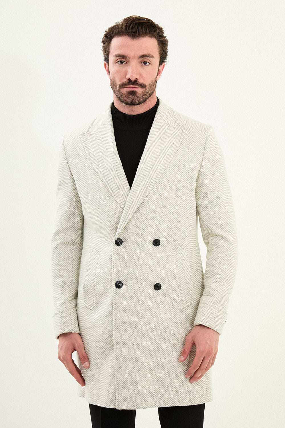 Mazonni Firenze Men’s Light Grey Herringbone Wool Double Breasted Overcoat