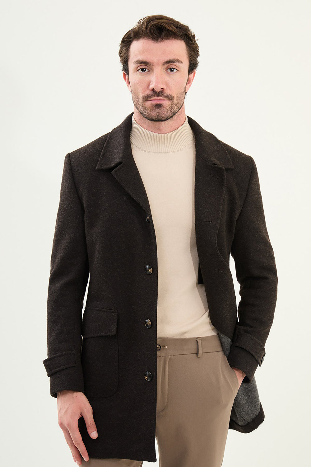 Mazonni Firenze Men’s Brown Wool Short Coat Classic Elegant Winter Jacket