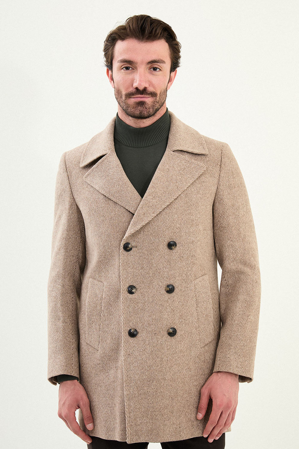 Mazonni Verona Men’s Beige Wool Short Coat Double Breasted Classic Overcoat