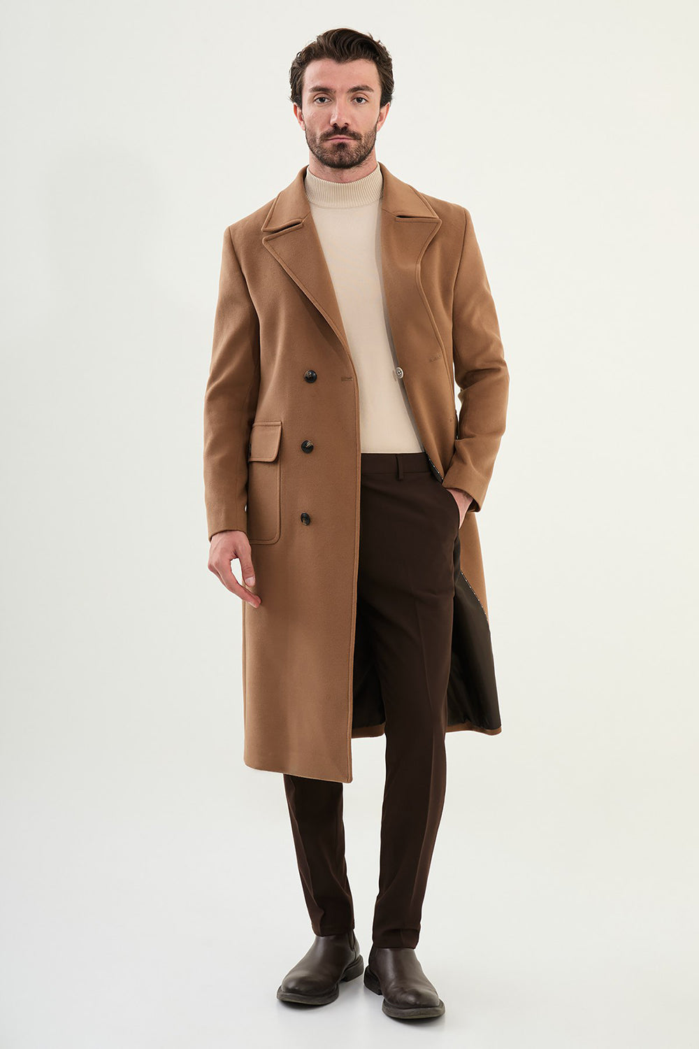 Mazonni Milano Men’s Camel Brown Wool Double Breasted Overcoat Long Jacket