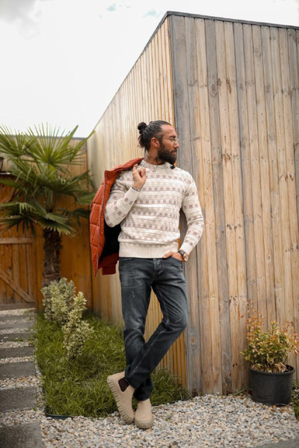 Mazonni Milano Beige Men’s Knit Sweater with Geometric Pattern Pullover