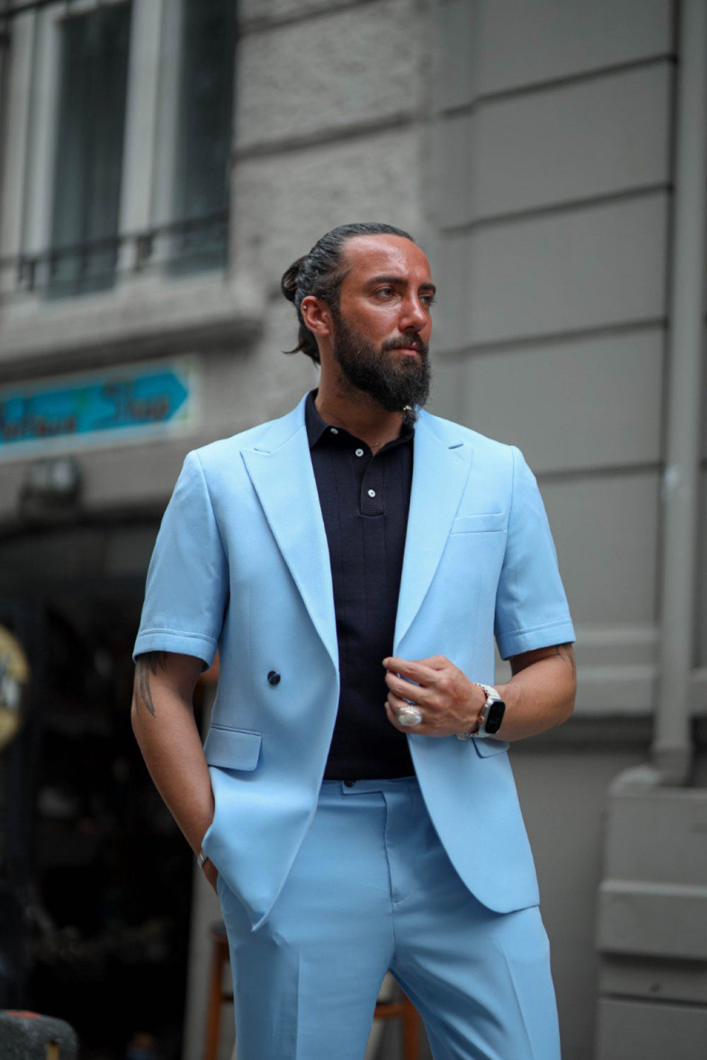 Stylish men’s light blue two piece suit perfect for smart casual summer outfits