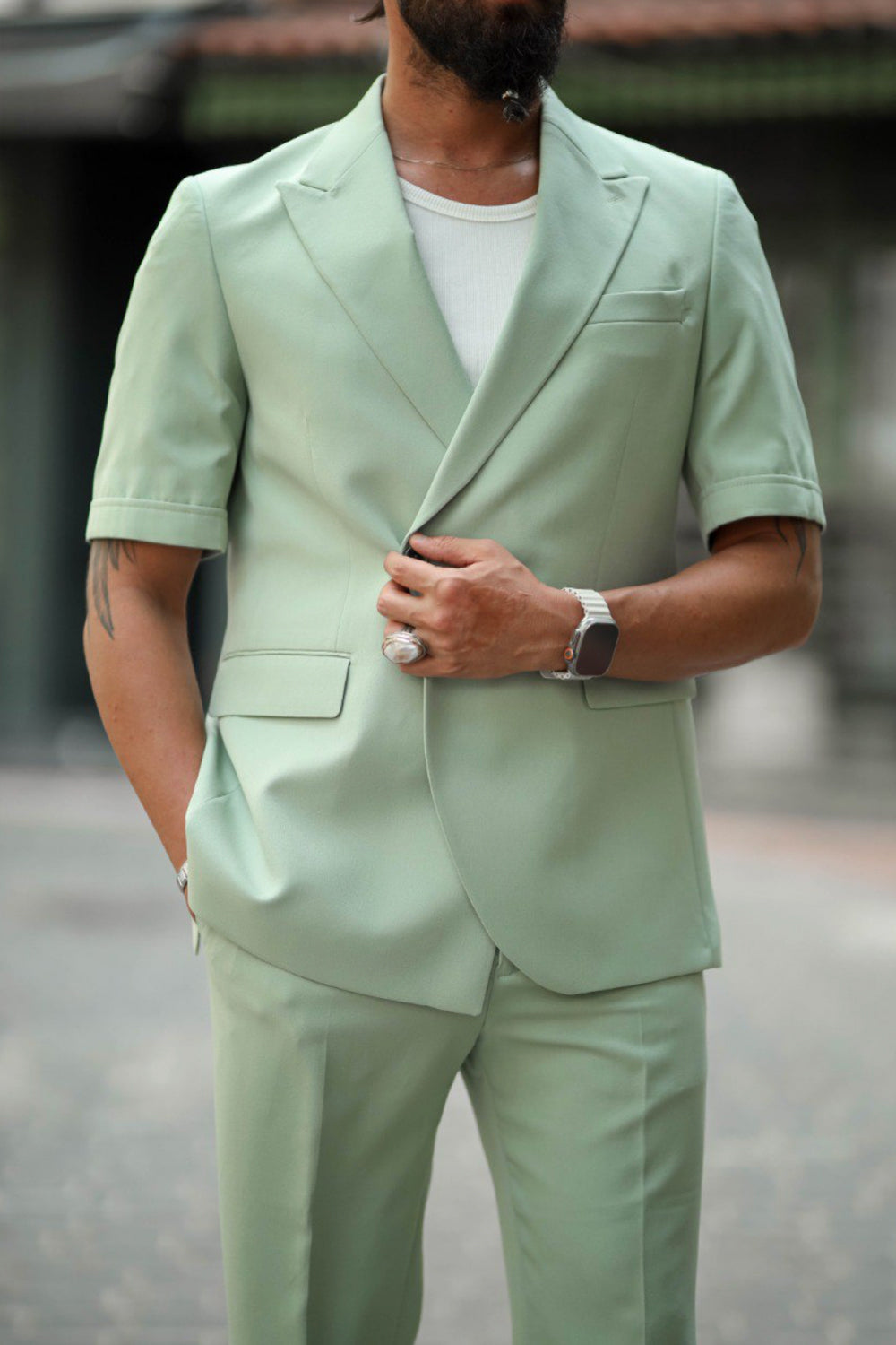 Mazonni men’s mint green suit styled for smart casual warm weather outfits