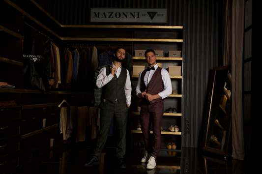 Two men wearing tailored Mazonni vests and dress shirts without blazers — modern styling of three-piece suits for smart casual looks