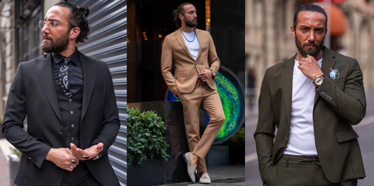 Three men wearing Mazonni suits in black, tan, and olive — stylish outfit ideas for dining out at restaurants