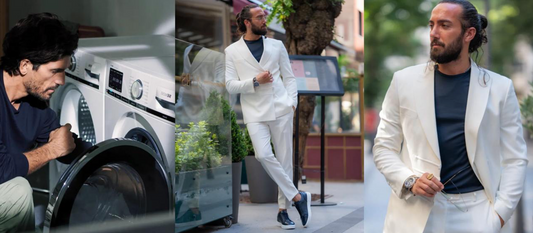 Man loading washing machine and wearing light-colored Mazonni suit — guide to washing men’s suits at home without damage