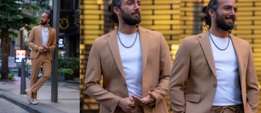 Man wearing a light tan summer suit by Mazonni — breathable and stylish menswear for hot weather