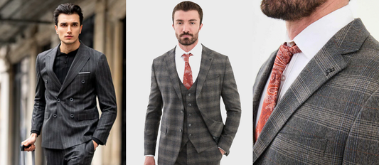 Men's checkered and striped suits by Mazonni — side-by-side comparison of patterned formalwear styles for modern tailoring
