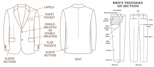 Labeled diagram of men’s blazer anatomy — lapels, chest pocket, flap pockets, sleeve buttons, and vent