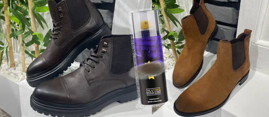 Mazonni leather and suede boots with waterproof spray — protecting men's shoes from winter salt and moisture damage