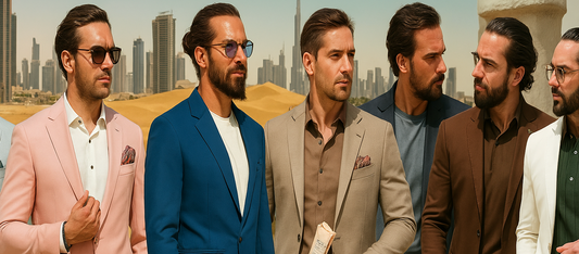 Mazonni Dubai-inspired men’s spring–fall suit collection — models wearing pastel and neutral two-piece suits against Dubai skyline