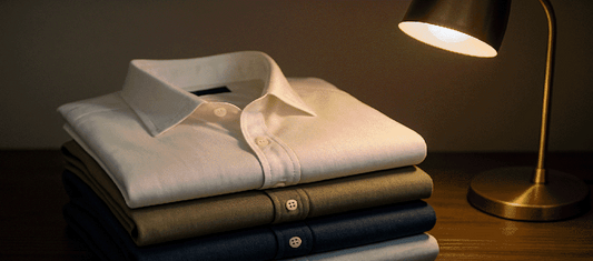 Men’s linen shirts in neutral tones folded neatly under a soft lamp glow — capturing effortless summer elegance in men’s fashion