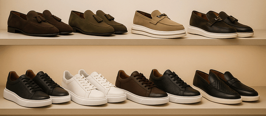 Mazonni men’s 2025 footwear collection — suede loafers and leather sneakers in brown, olive, beige, and black for casual and tailored spring looks