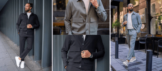 Men's urban-style suits in sage green and black, showcased in various city settings. The image includes full-length and close-up views highlighting modern design details and versatile styling