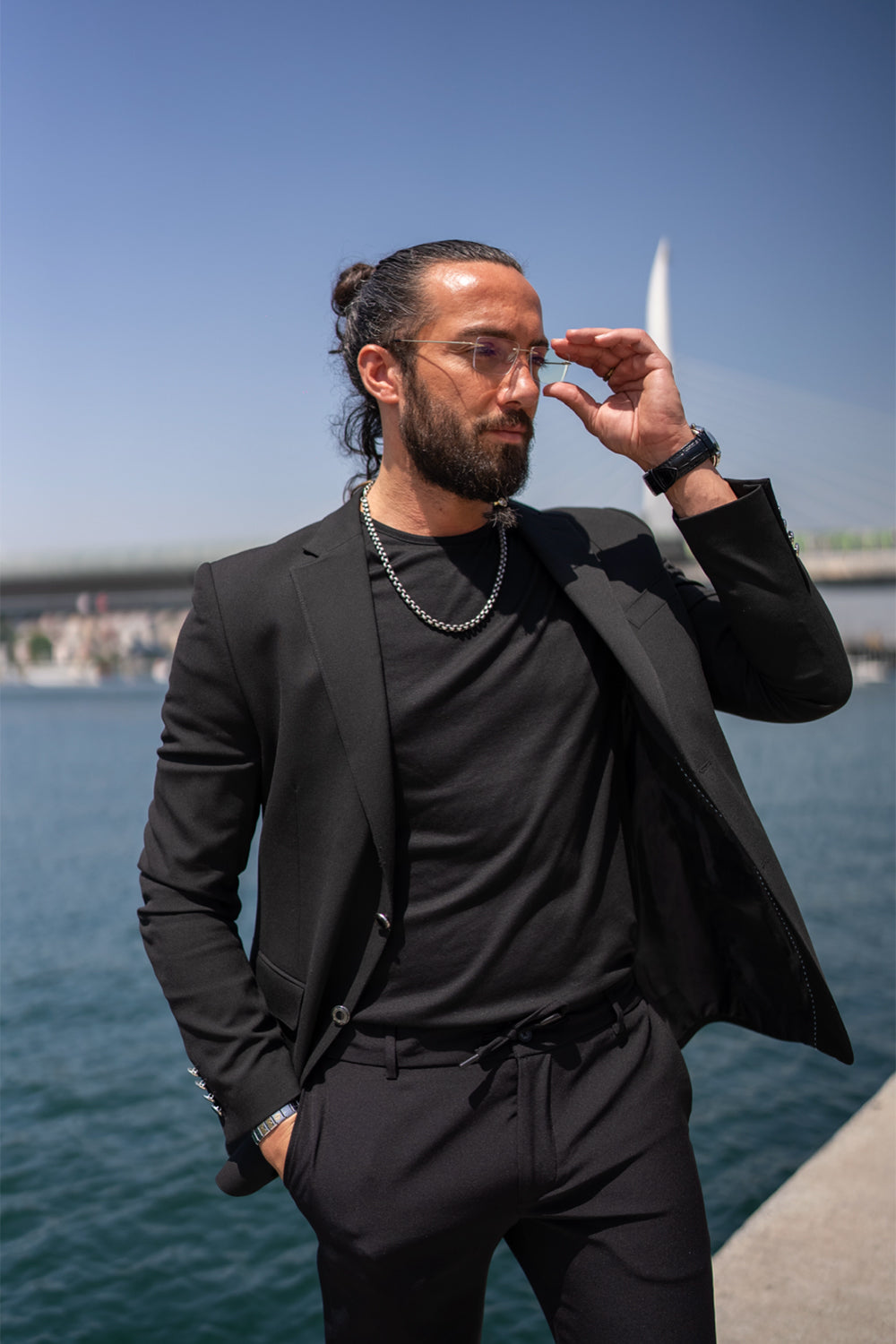 Mazonni black slim fit blazer for men, modern monochrome look perfect for daytime or evening events