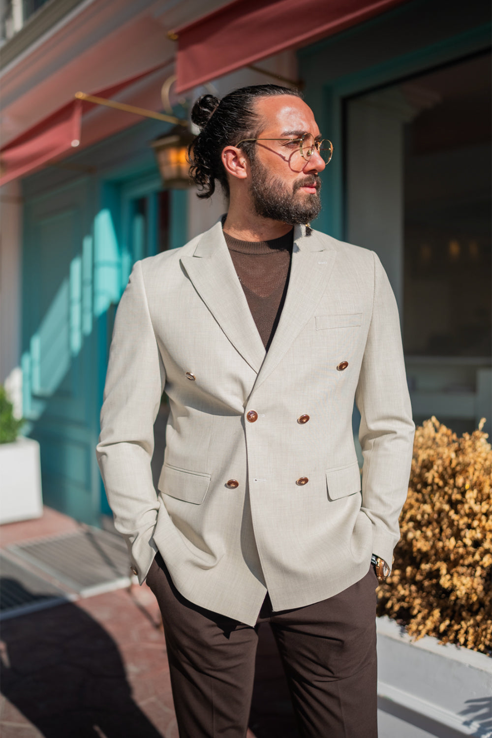 light cream double breasted suit jacket by Mazonni, men's elegant blazer for modern formal look