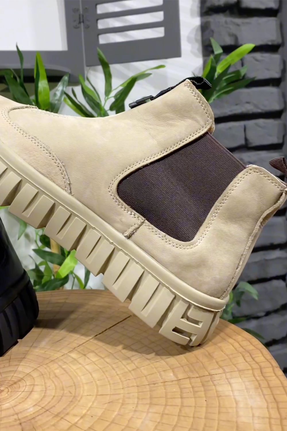 Mazonni beige suede slip-on sneakers for men with dark brown elastic insert and unique sole tread