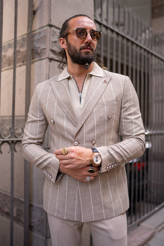 beige striped blazer for men by Mazonni, lightweight double breasted jacket styled with matching trousers