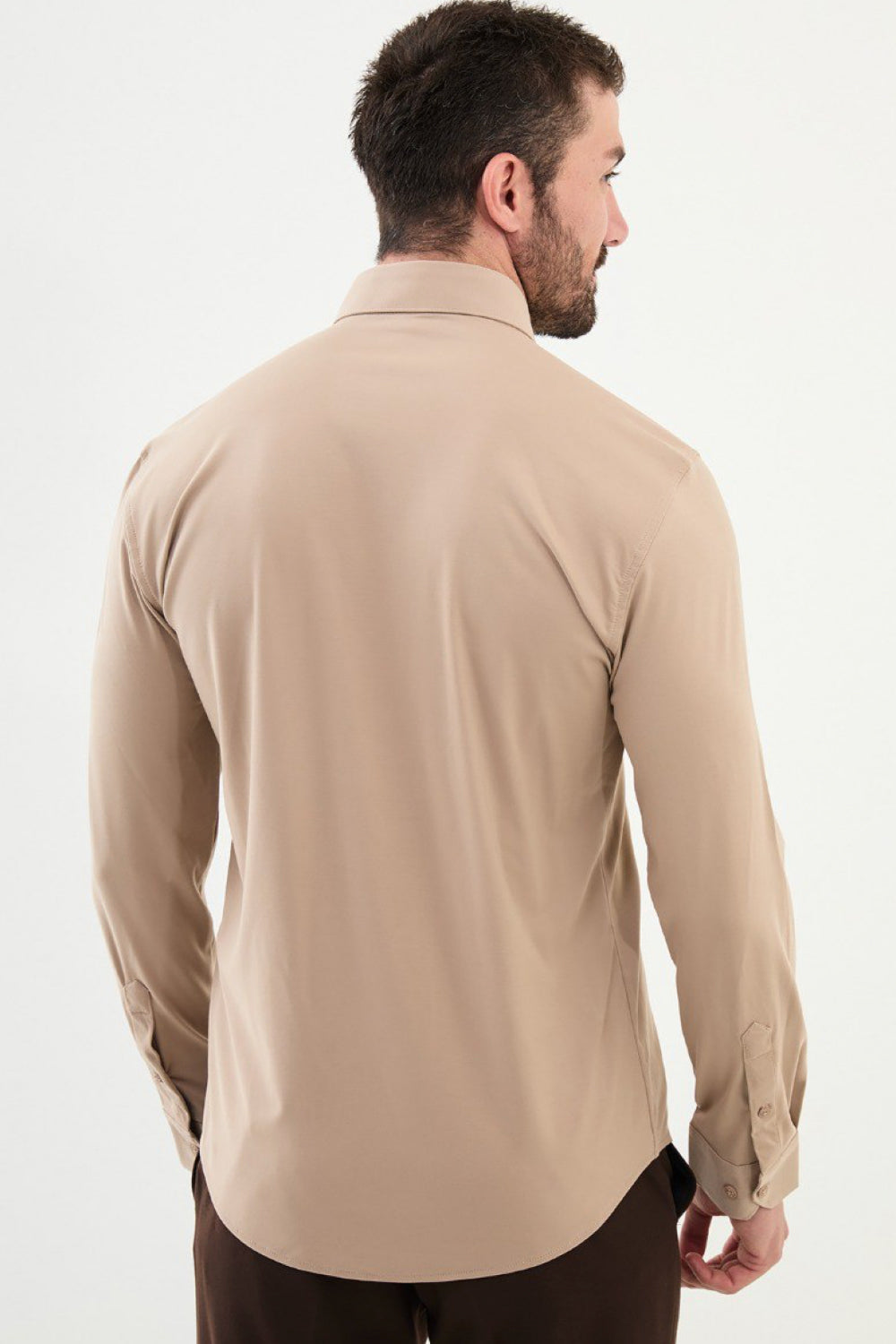 Mazonni men’s beige button-up shirt with soft fabric and tailored fit design