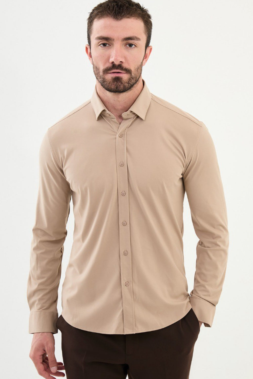Mazonni beige men's dress shirt with classic collar and long sleeves for formal outfits