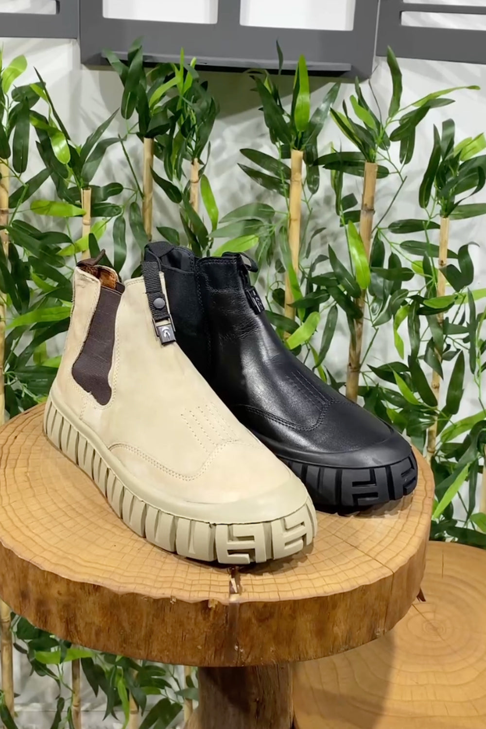 Mazonni beige and black high-top sneakers with thick patterned sole and slip-on design