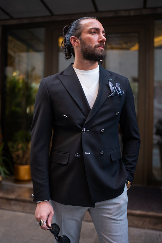 black double breasted blazer for men by Mazonni with silver buttons, modern formal jacket with blue pocket square