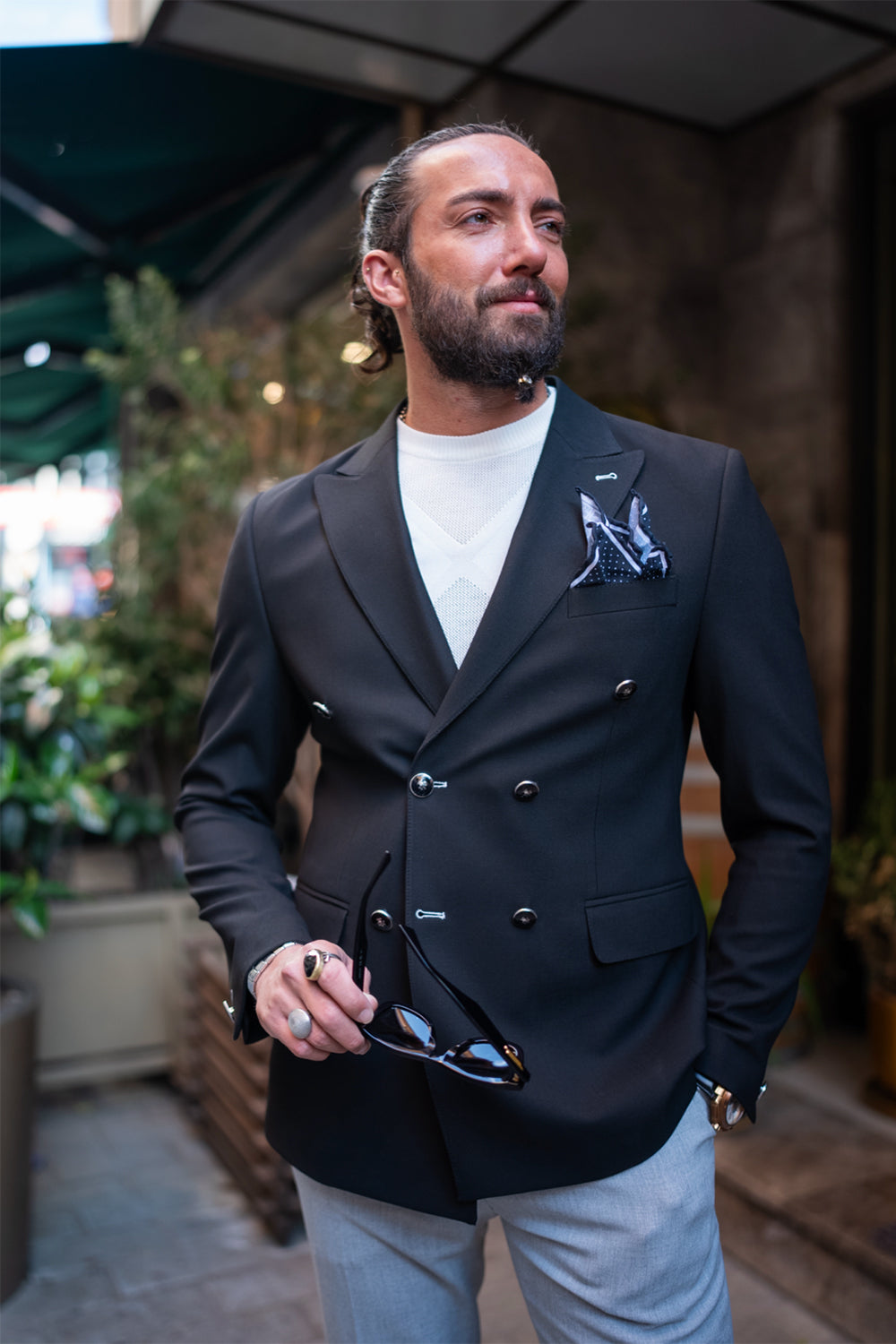 Mazonni men's black blazer with peak lapels, elegant evening outfit paired with light gray trousers
