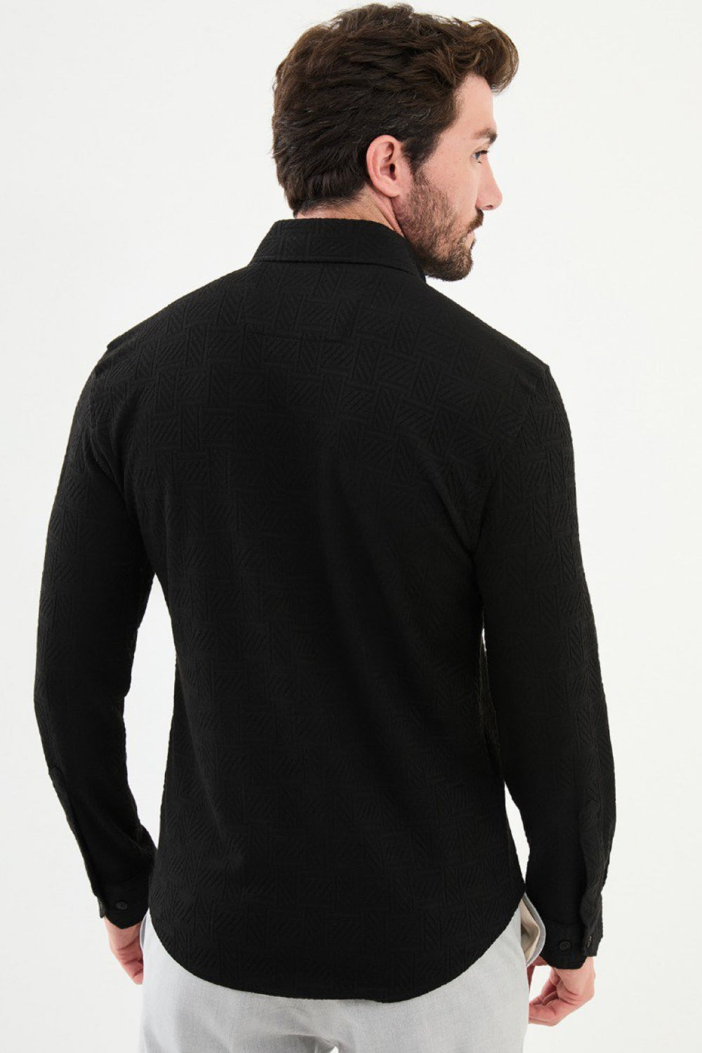 Mazonni dark shirt for men with button-down style and detailed fabric texture