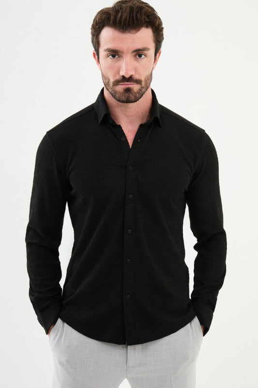 Mazonni black textured men's shirt with long sleeves and tailored fit for modern casual wear