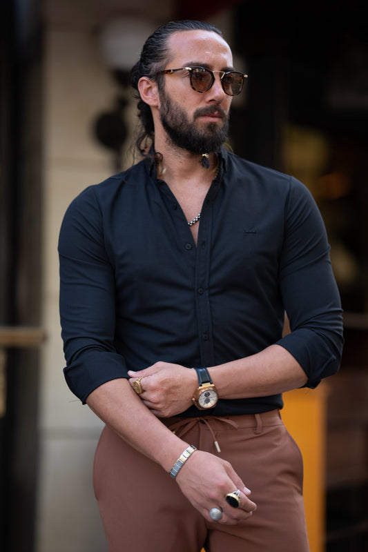 Mazonni black slim fit dress shirt for men with long sleeves and button-down front