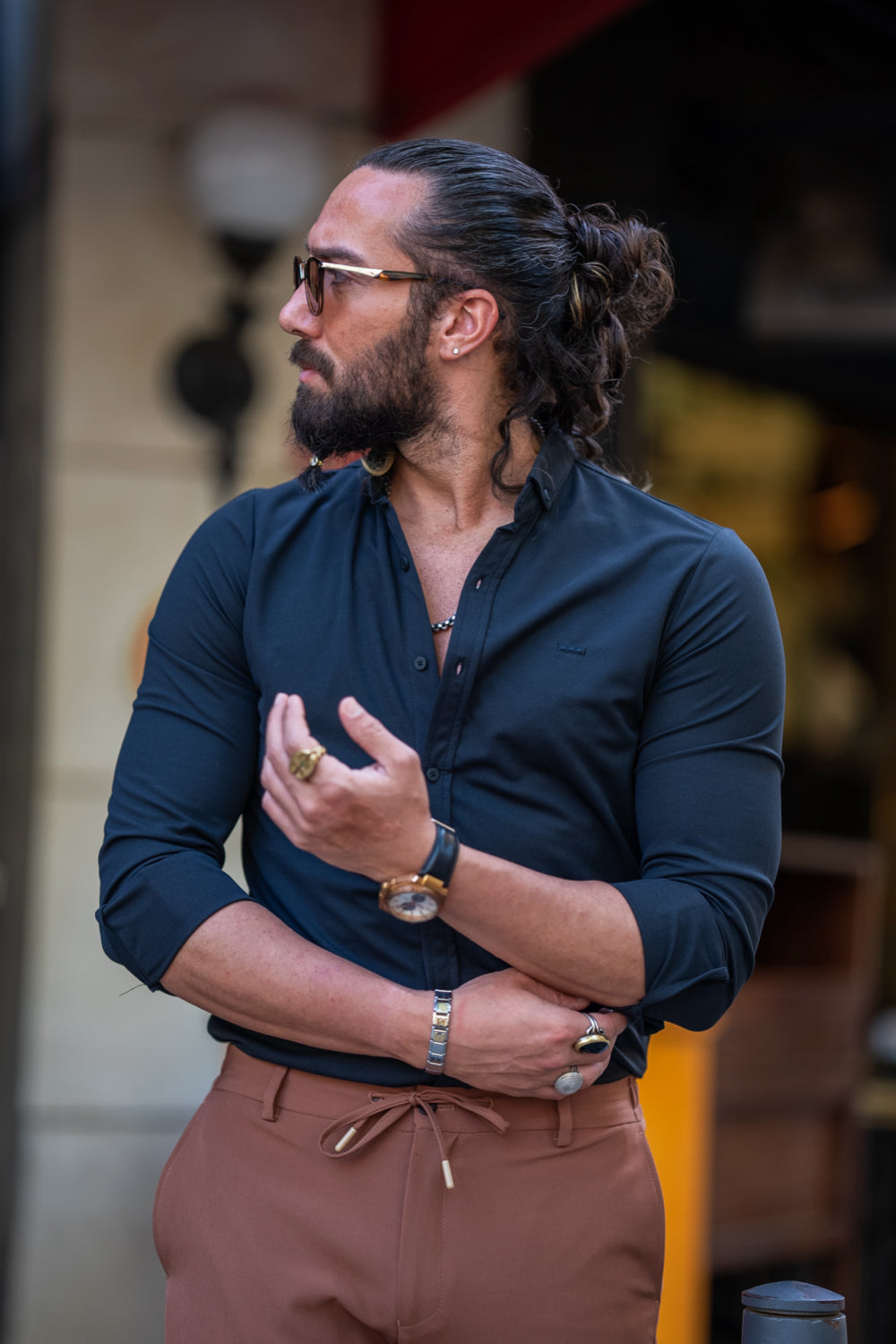 Black classic collar shirt from Mazonni featuring tailored cut and stretch comfort
