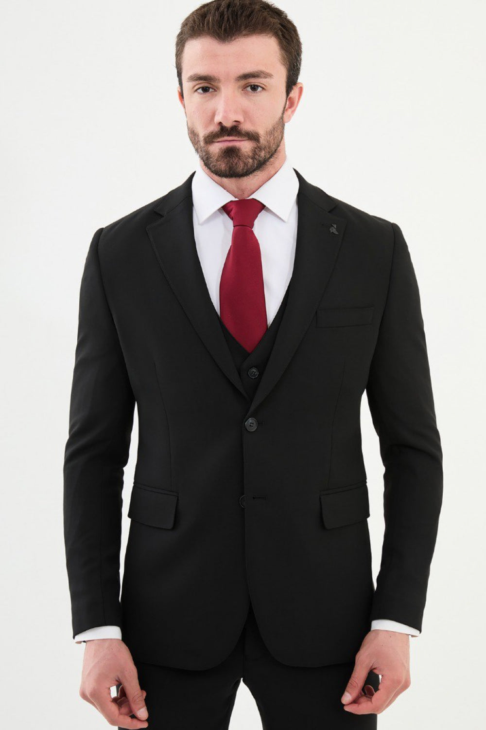 Mazonni men's black three-piece suit with red tie and white shirt, classic formalwear for business and events